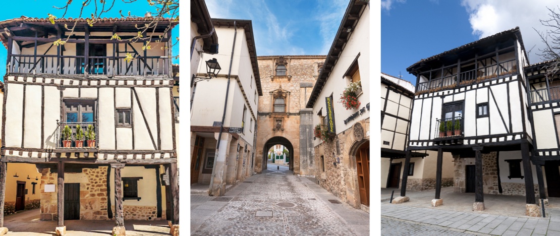 Blick auf die Straßen und traditionellen Häuser von Covarrubias in Burgos, Kastilien-León.