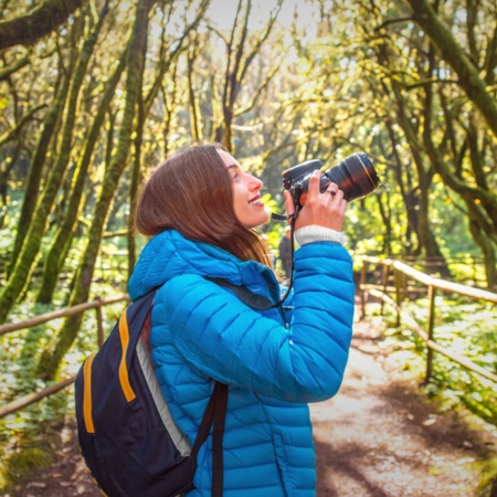 Tourist im Garajonay-Nationalpark auf La Gomera, Kanarische Inseln