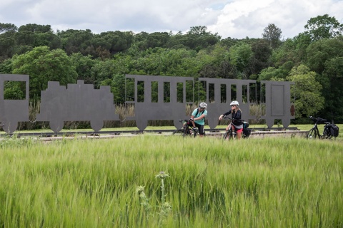 Tourists on a greenway in Girona, Catalonia