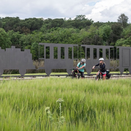 Tourist on a greenway in Girona, Catalonia