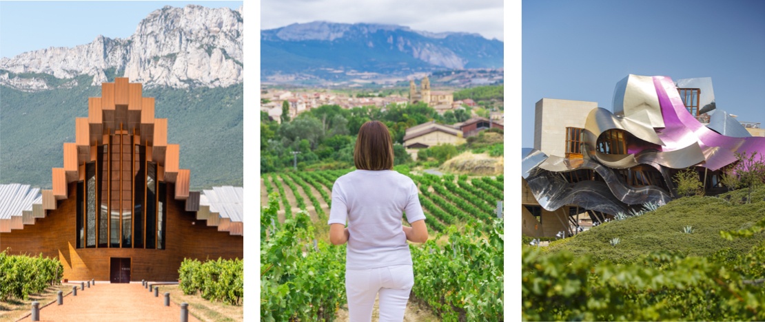 Izquierda: Bodega Ysios en Laguardia,  Álava, País Vasco ©JJFarq / Centro: Turista en los viñedos de Elciego en Álava, País Vasco / Derecha: Bodega Marqués de Riscal en Elciego, Álava, País Vasco