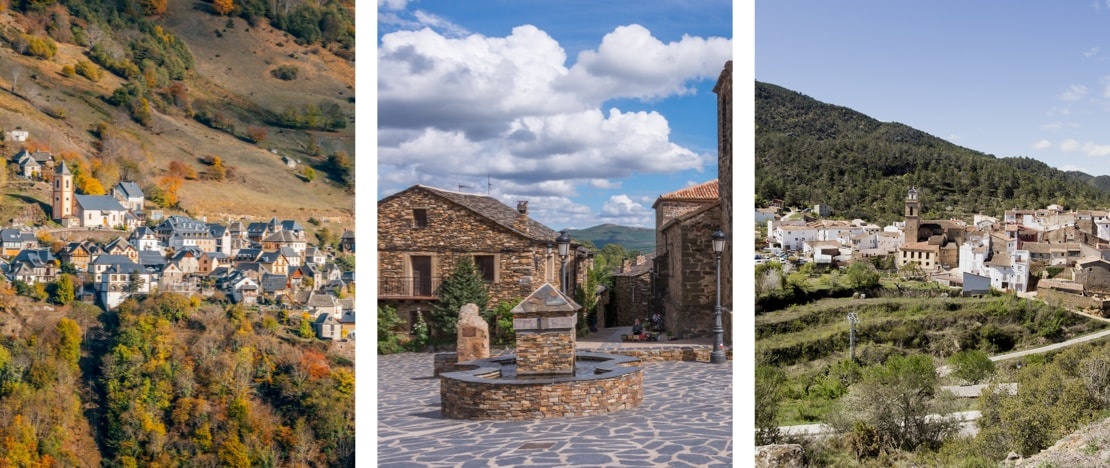 Izquierda: Canejan en Lleida / Centro: Valverde de los Arroyos en Guadalajara © Salvador Aznar / Derecha: Torralba del Pinar en Castellón