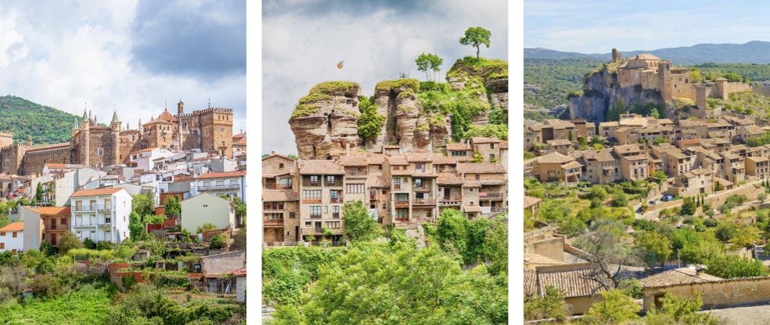 À gauche : Guadalupe dans la province de Cáceres / Centre : Rupit dans la province de Barcelone / Droite : Alquézar dans la province de Huesca