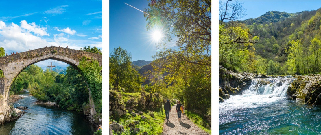 À gauche : Pont à Onís, Asturies © El Greco 1973 / Centre : Touristes dans le parc national des Pics d'Europe / Droite : La Sella à Onís, Asturies