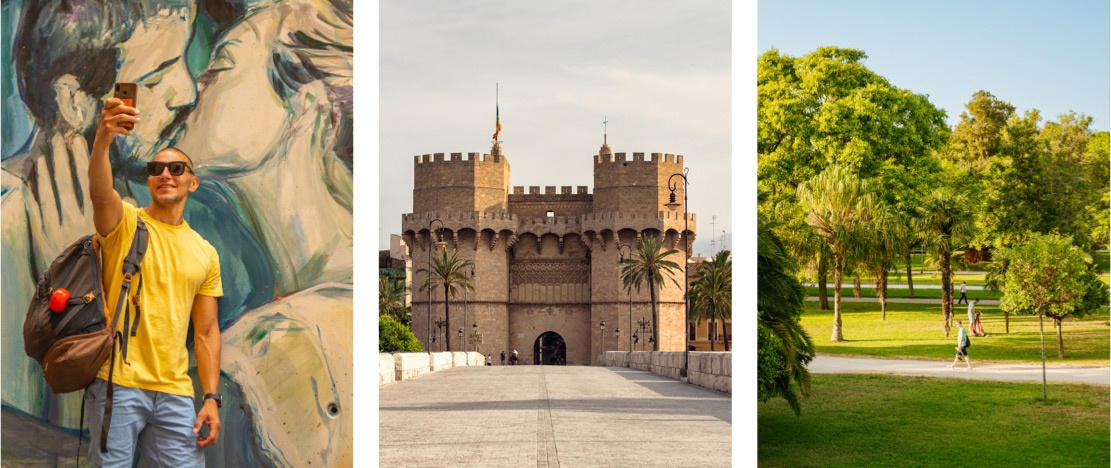 Left: Street Art in Valencia © Fundació Visit València / Centre: Torres dels Serrans / Right: Turia Garden © Fundació Visit València