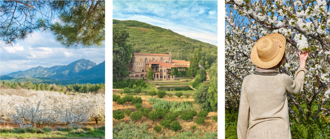 Left: Jerte Valley/Centre: Yuste Monastery/Right: Tourist in the Jerte Valley, Extremadura.