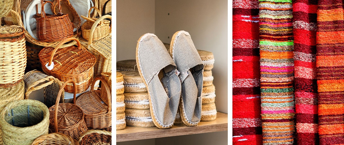 Bilder von nachhaltigen Produkten auf Märkten: Körbe, Espadrilles und Teppiche