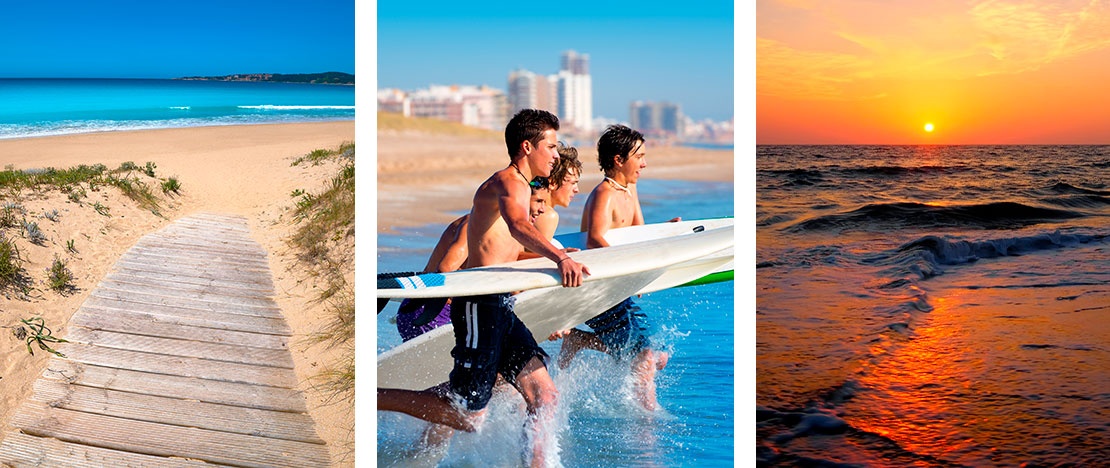 Links: Strand in Sanxenxo, Galicien / Mitte: Surfer in Cullera, Region Valencia / Rechts: Sonnenuntergang an einem Strand in Rota, Andalusien