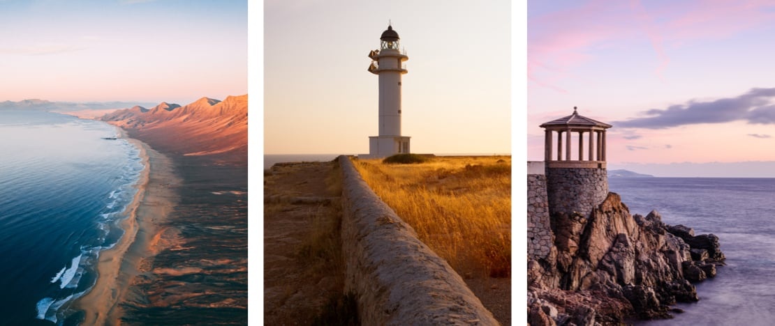 Images de plages et de la côte : Cofete à Fuerteventura, phare de Barbaria à Formentera, chemin de ronde sur la Costa Brava