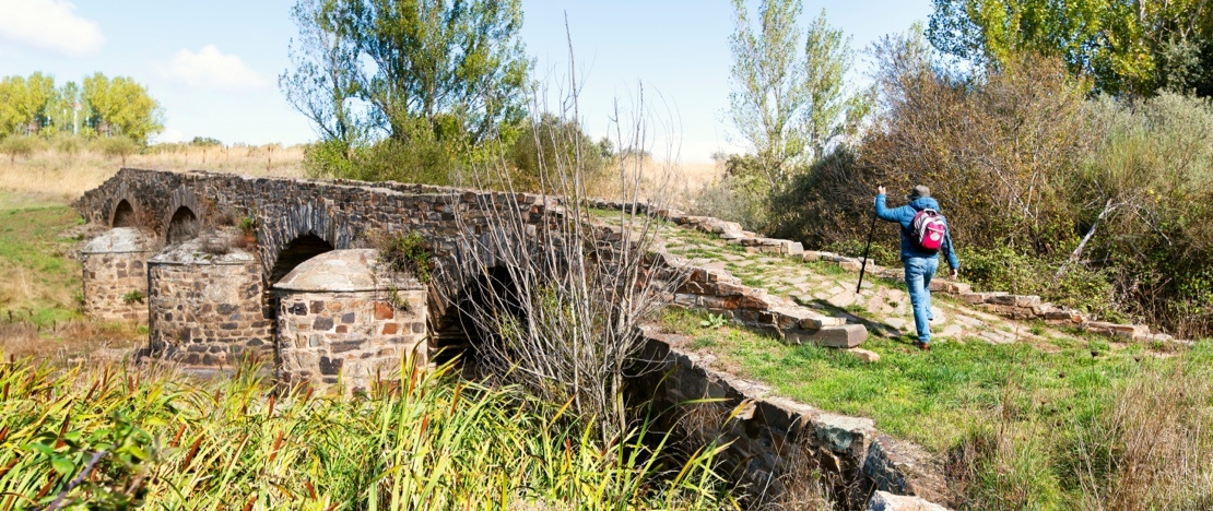 Hiker crossing the Roman bridge of Valimbre on the Vía de la Plata, in Leon, Castile and Leon